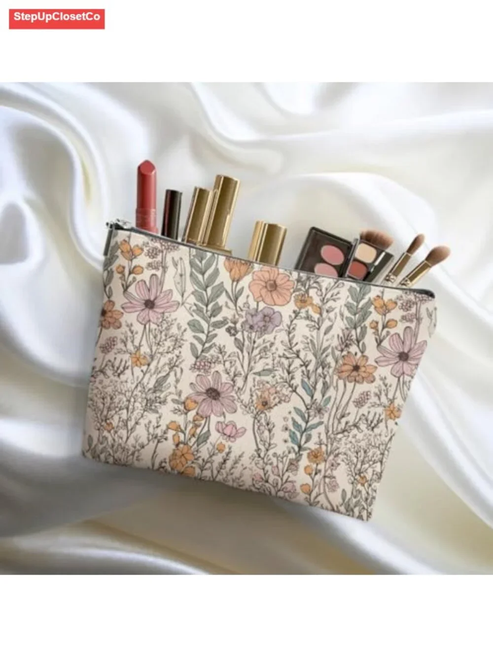 Wildflower Linen Makeup Bag Floral Cosmetic Pouch Travel Organizer Zipper Gift
